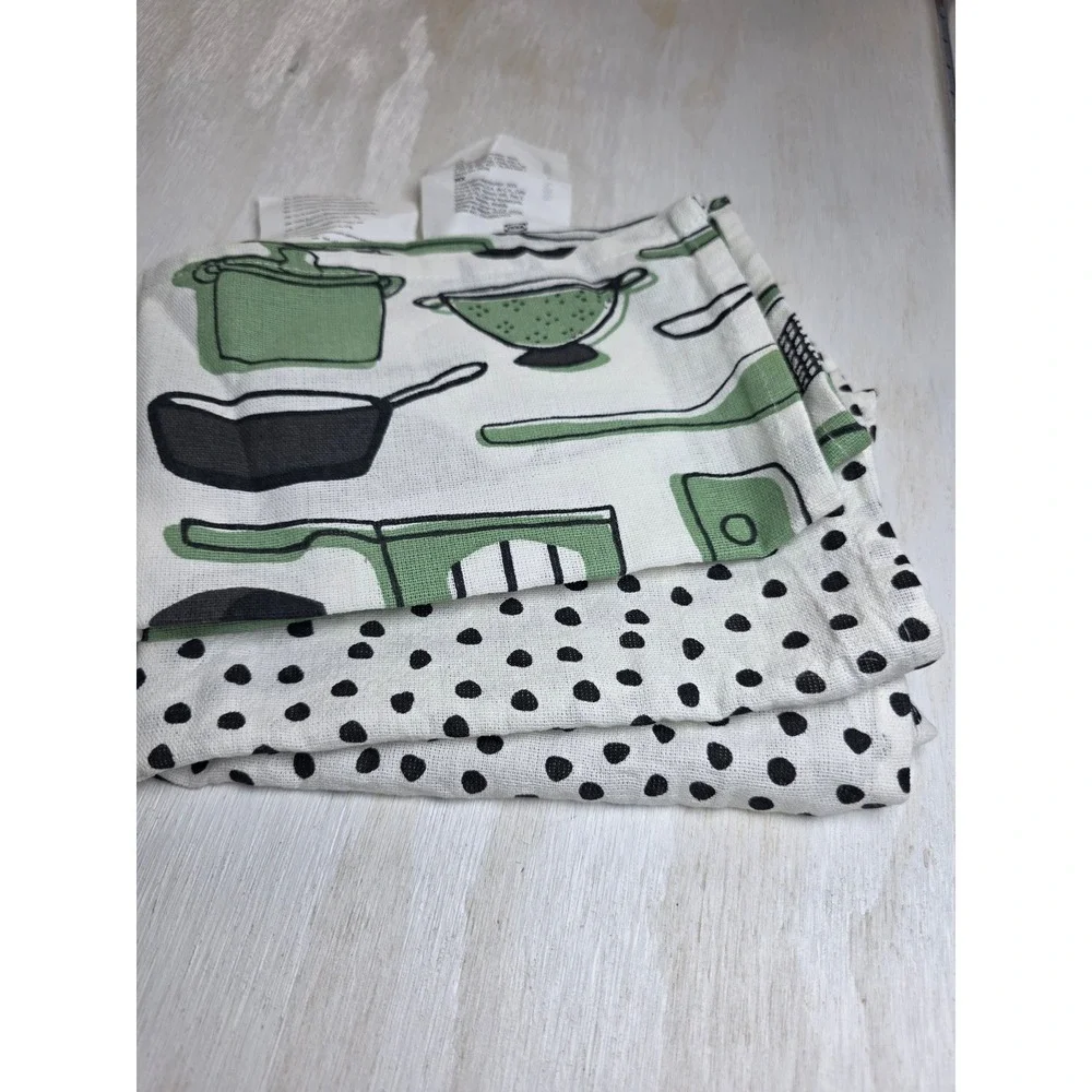 IKEA RINNIG Tea Towels Set 2 Green Black Kitchen Tools Polka Dot 100% Cotton